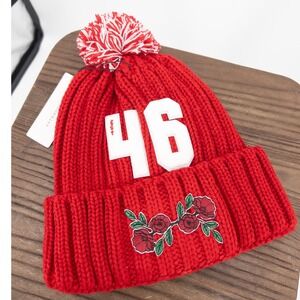 Anthropologie Wild Collective Red Game Day 46 Floral Beanie Pom Pom Hat NWT